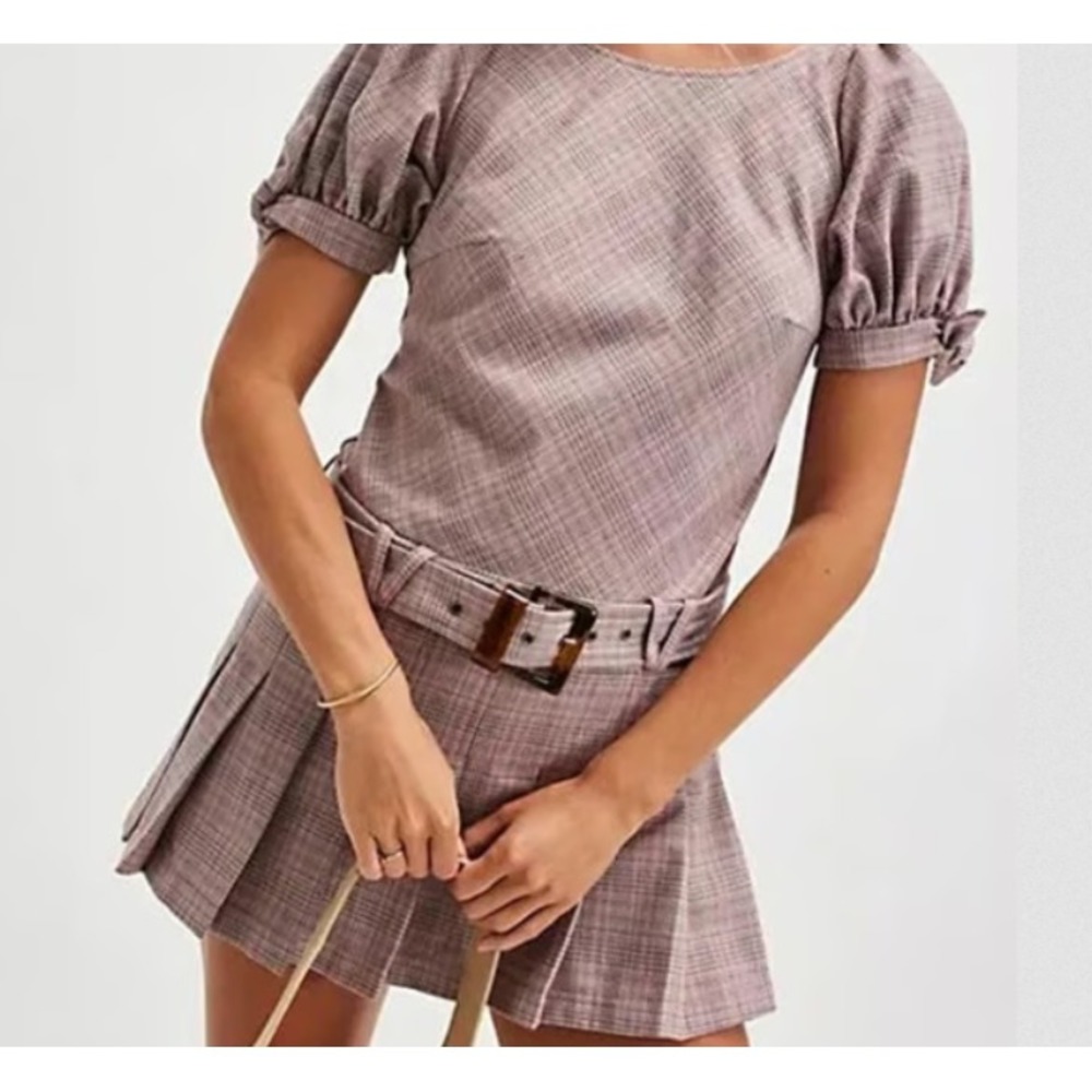 Free People Purple Check Mini Dress XS Pockets Belted Open Back OB2066728